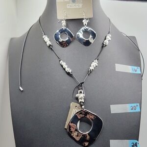 Modernist Chicos Adjustable Necklace & Drop Earrings Set Silver Tone Office Wear